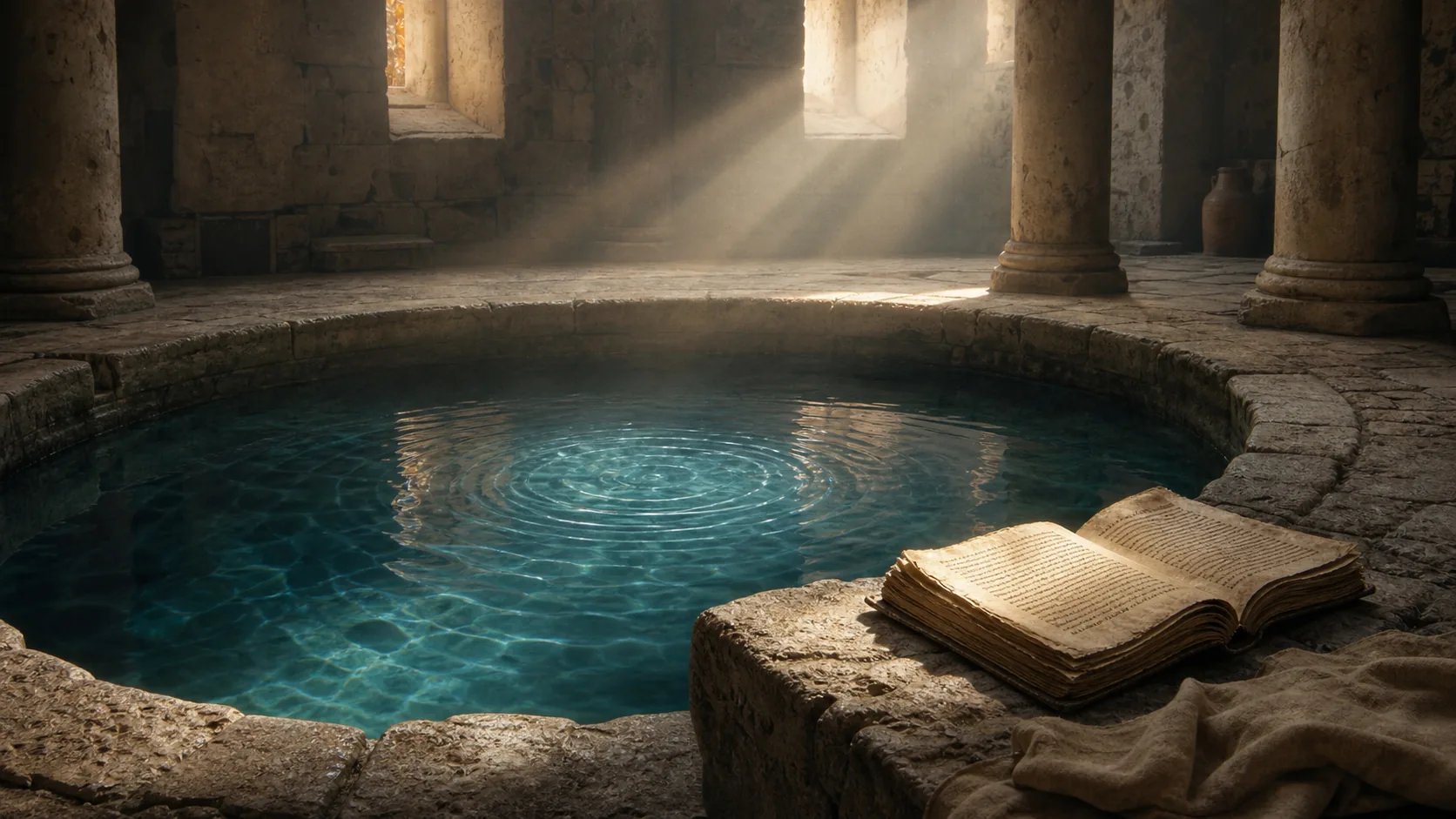Ancient stone baptistry beside an early-Christian manuscript